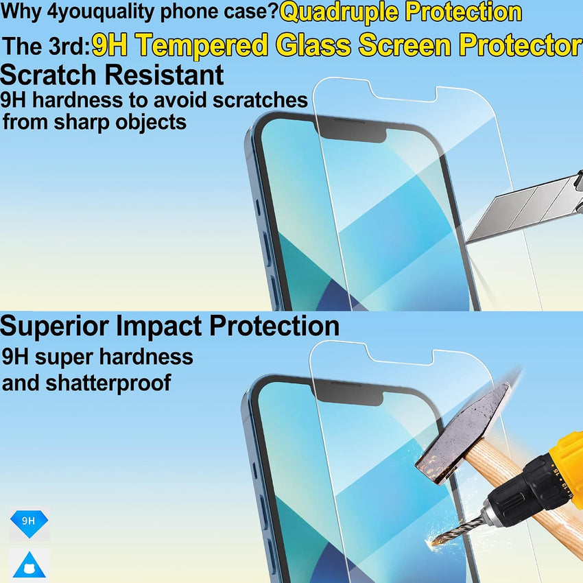4youquality (4-in-1 Case for iPhone 13 with [2-Pack Tempered Glass Screen Protectors + 1-Pack Camera Lens Protector], Airbag Drop Protection, Transparent Clear Bumper Phone