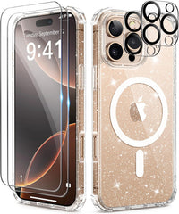 BERFY Magnetic Case for iPhone 16 Pro Max, [Compatible with Magsafe], with 2X Screen Protector + 2X Camera Lens Protector, Clear Sparkle Cute Shockproof Hard Phone Case for Women 6.9", Shiny Clear