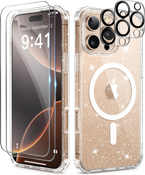 BERFY Magnetic Case for iPhone 16 Pro Max, [Compatible with Magsafe], with 2X Screen Protector + 2X Camera Lens Protector, Clear Sparkle Cute Shockproof Hard Phone Case for Women 6.9", Shiny Clear