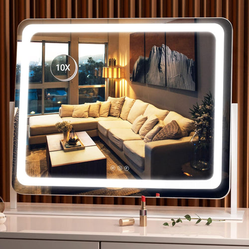 Hasipu Vanity Mirror with Lights, 55 x 45cm LED Makeup Mirror, Light up Mirror with 10X Magnification and USB, Phone Holder, Smart Touch 3 Colors Dimmable, 360ÃÂ° Rotation (Round White)