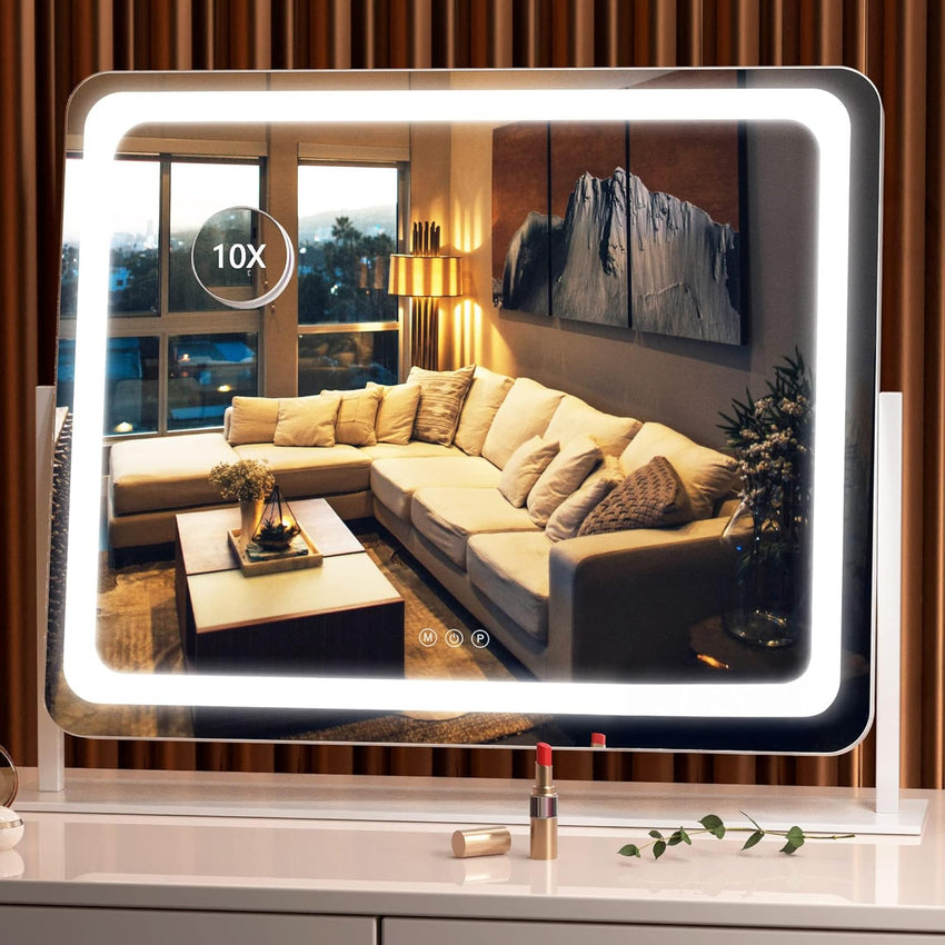 Hasipu Vanity Mirror with Lights, 55 x 45cm LED Makeup Mirror, Light up Mirror with 10X Magnification and USB, Phone Holder, Smart Touch 3 Colors Dimmable, 360ÃÂ° Rotation (Round White)