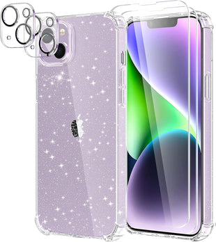 YIRSUR Glitter Case Compatible with iPhone 14 with 2 Pack Screen Protector and 2 Pack Camera Lens Protector, Glitter Air Cushion Soft TPU Bumper Anti-Scratch Shockproof Sparkly Cover for iPhone 14