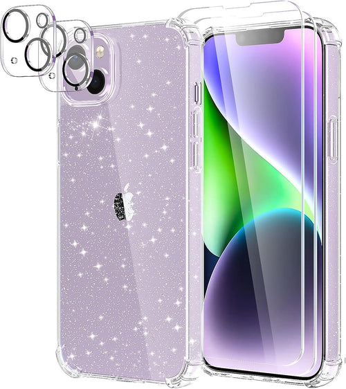YIRSUR Glitter Case Compatible with iPhone 14 with 2 Pack Screen Protector and 2 Pack Camera Lens Protector, Glitter Air Cushion Soft TPU Bumper Anti-Scratch Shockproof Sparkly Cover for iPhone 14
