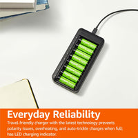 Amazon Basics Rechargeable NiMh AAA 800mAh 8 Pack + AA 2000mAh 8 Pack, with 8 Bay Battery Charger, No AC Power Adapter, USB C Port, 16 count in total, Black