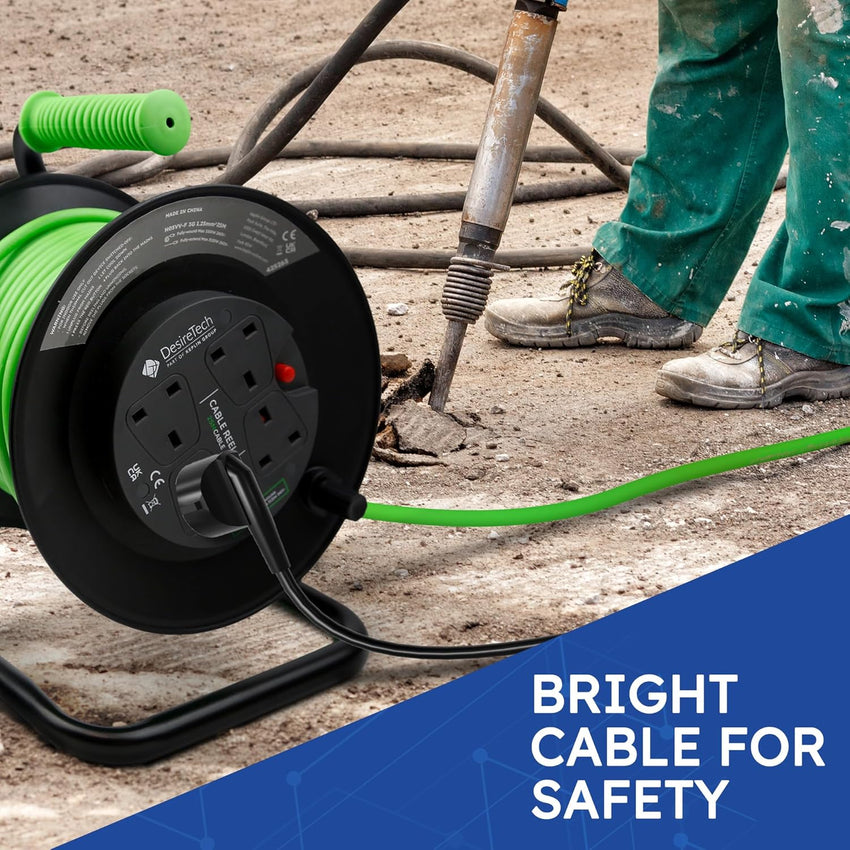 Desiretech - 4 Socket Extension Lead - 25m Portable Cable Reel - Thermal Cut Out, Ergonomic Handle, Green/Black - Heavy Duty Extension Cord for Indoor Use (25 Metre)
