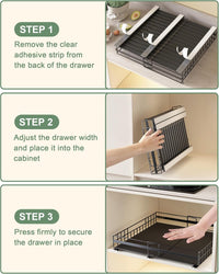 UMDONX 2 Pack Pull out Cabinet Organiser Drawers Kitchen Cupboard Storage, No Punch Extendable Sliding Rack Shelf Adhesive Peel and Stick (Metal, Black)