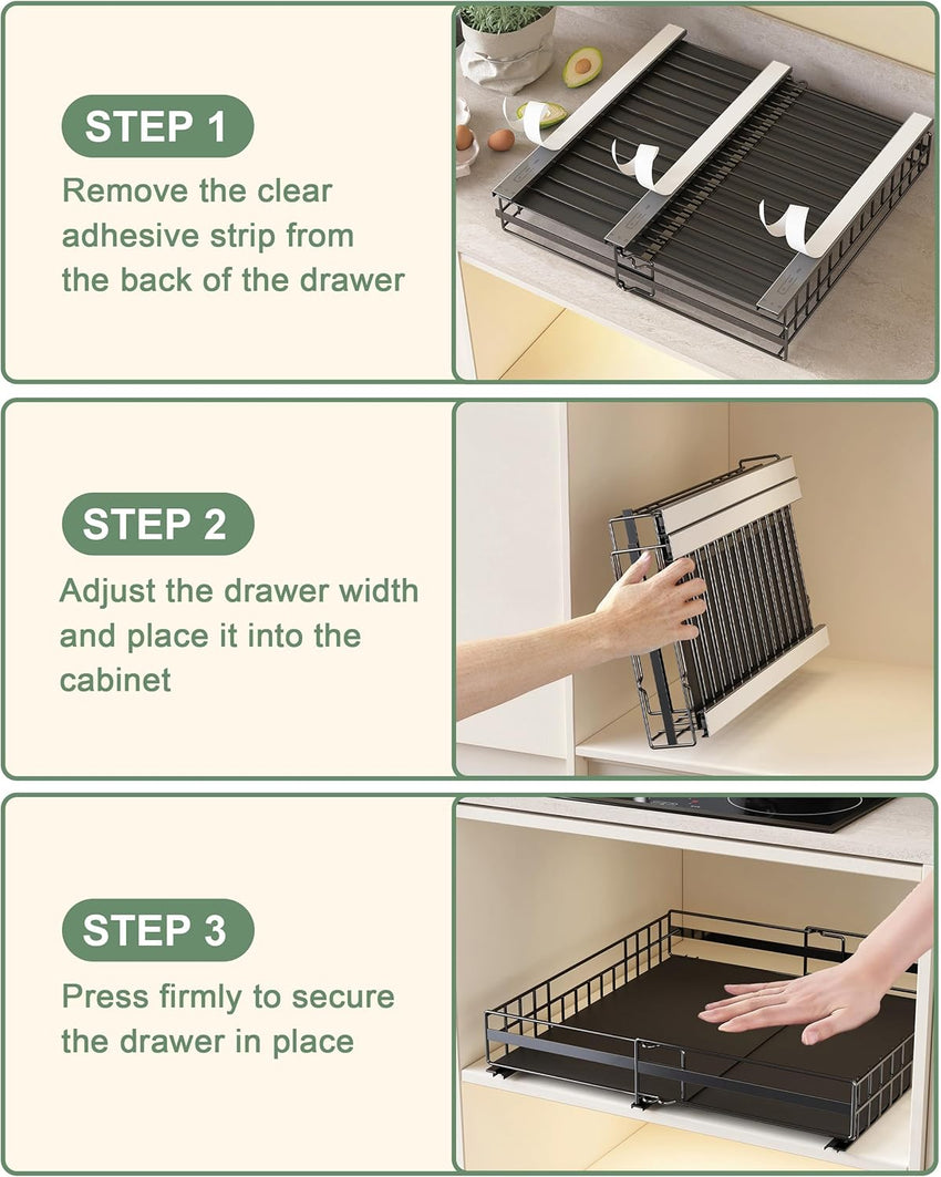 UMDONX 2 Pack Pull out Cabinet Organiser Drawers Kitchen Cupboard Storage, No Punch Extendable Sliding Rack Shelf Adhesive Peel and Stick (Metal, Black)