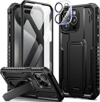 seacosmo for iPhone 15 Pro Max Case with Kickstand, Shockproof Military Grade Protective Phone Cover [Built-in Tempered Glass Screen Protector + Camera Lens Protector] Dual Layer Full Protection