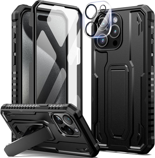 seacosmo for iPhone 15 Pro Max Case with Kickstand, Shockproof Military Grade Protective Phone Cover [Built-in Tempered Glass Screen Protector + Camera Lens Protector] Dual Layer Full Protection