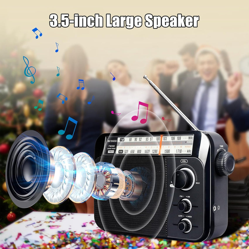 Retekess TR604 Portable Radio READ DESC FM AM Radio,Large Display and Knob,Large Speaker,3.5mm Headphone Jack,Clear Sound,Radios Mains and Battery,Easy to Use for Elderly (Black)