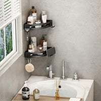 Voldra Corner Shower Caddy No Drilling, Shower Shelf Coner Adhesive Bathroom Corner Shelves with 4 Razor Hooks Shower Corner Shelf No Drill Bathroom Organiser Storage Wall Mounted(2-Pack, Black)