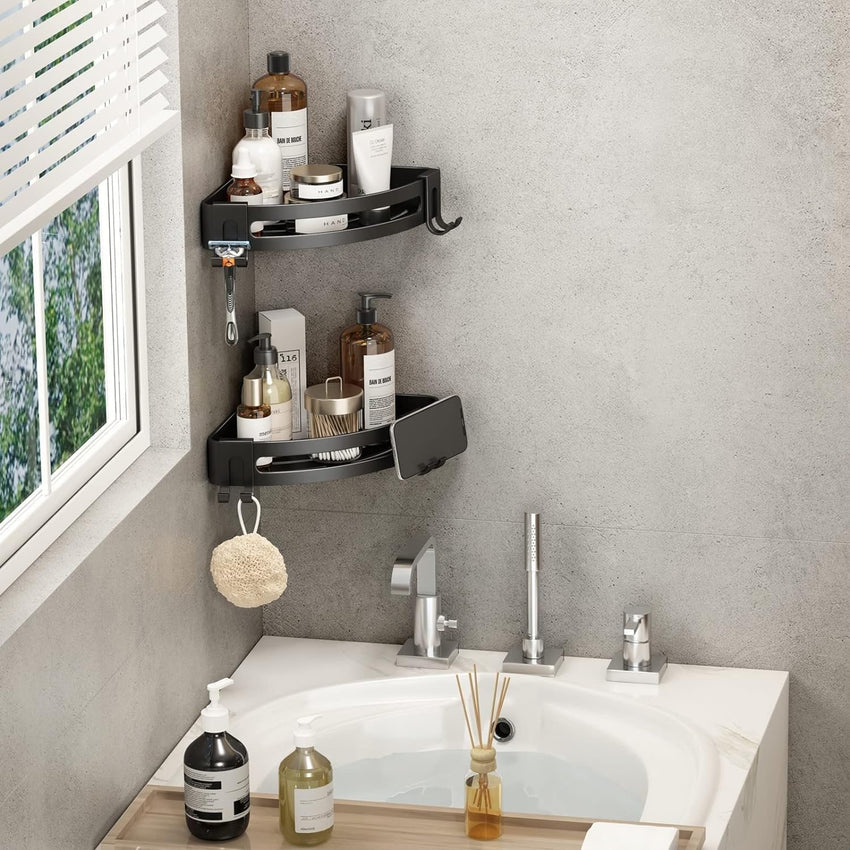 Voldra Corner Shower Caddy No Drilling, Shower Shelf Coner Adhesive Bathroom Corner Shelves with 4 Razor Hooks Shower Corner Shelf No Drill Bathroom Organiser Storage Wall Mounted(2-Pack, Black)