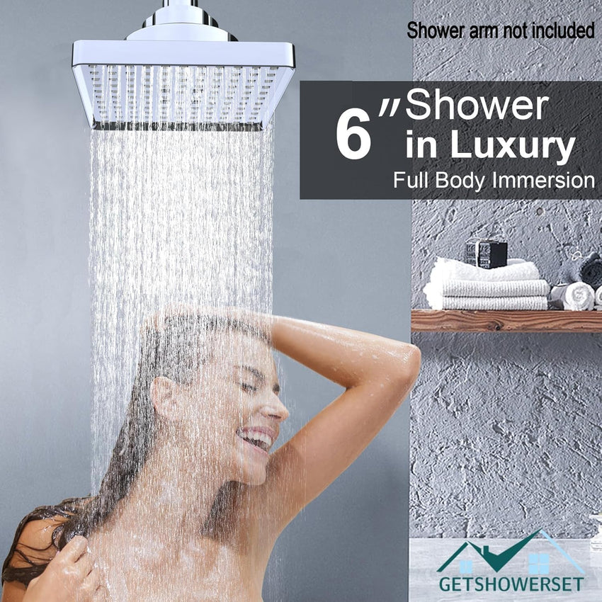 Rainfall Shower Head with Filter, 6 Inch Rain Shower Head High Pressure Overhead Replacement, Square Fixed Shower Head Adjustable with Swivel Ball, 2 Filter, Chrome