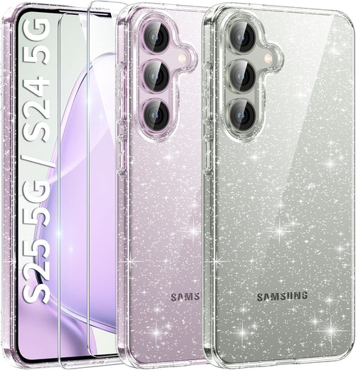 AROYI 3 in 1 Clear Glitter Case for Samsung Galaxy S24 S25 5G Case with 2 Tempered Glass Screen Protector, Soft Bumper Anti-Scratch Sparkle Bling Women Girls Samsung Galaxy S24 S25 Phone Case Cover