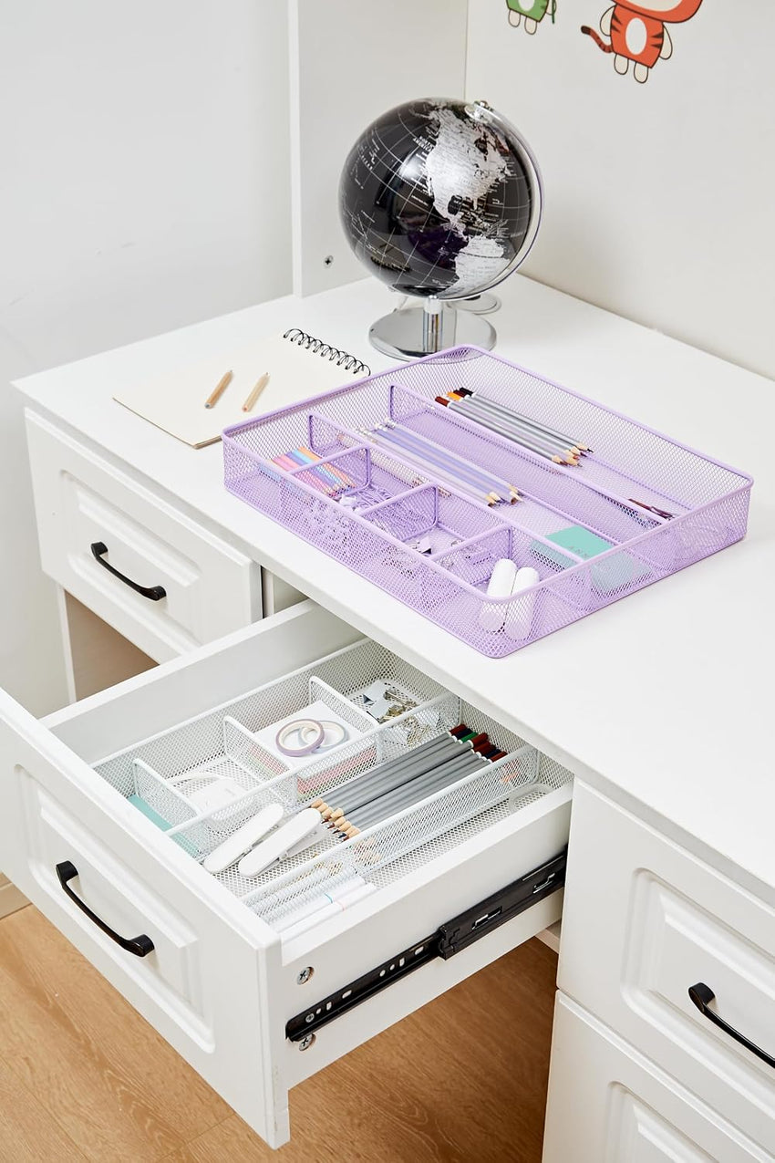 Annova Desk Drawer Organizer/Storage Tray - Metal Mesh with Dividers for Pens, Desktop Accessories, Bathroom, Kitchen, Makeup and Office Supplies (Purple)