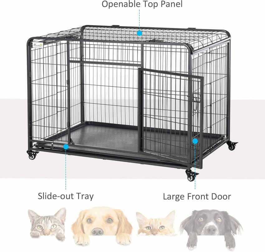 PawHut Metal Dog Cage Kennel Locking Door & Wheels Removable Tray Openable Top For Extra Large Pets 125 x 76 x 81 cm