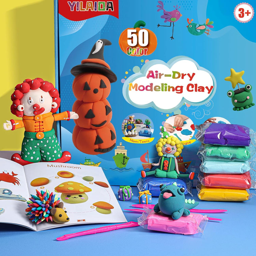 YILAIDA Air Dry Clay, 50 Colors Modeling Clay Ultra Light Non-Toxic Magic Air Drying Clay with Modeling Tools, Accessories and Booklet Art Craft Gift to Kids and Beginner