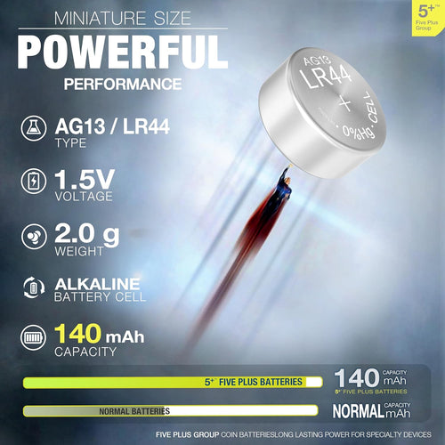 5Plus 10-Pack LR44 AG13 357 303 SR44 A76 675 392 394 384 376 1.5V Alkaline Button Cell Batteries - Ideal for Watches, Hearing Aids, Glucometers, Key Fobs, Car Keys, and Small Electronics