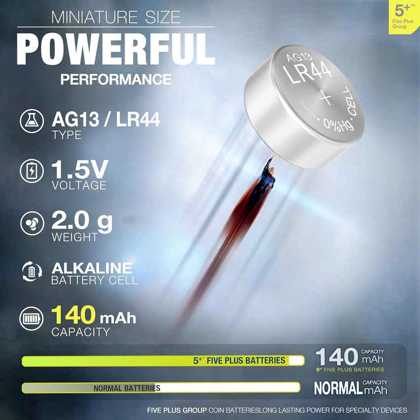 5Plus 10-Pack LR44 AG13 357 303 SR44 A76 675 392 394 384 376 1.5V Alkaline Button Cell Batteries - Ideal for Watches, Hearing Aids, Glucometers, Key Fobs, Car Keys, and Small Electronics