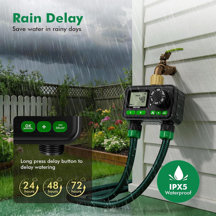 Sprinkler Timer 2-Zone Programmable Up to 11h59m Brass Inlet Rain Delay Manual/Auto Outdoor Hose
