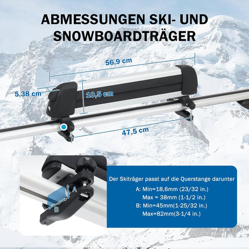Ski Roof Rack Aluminium for 2 Pairs of Skis or 2 Snowboards with Lock & Padding â Silver