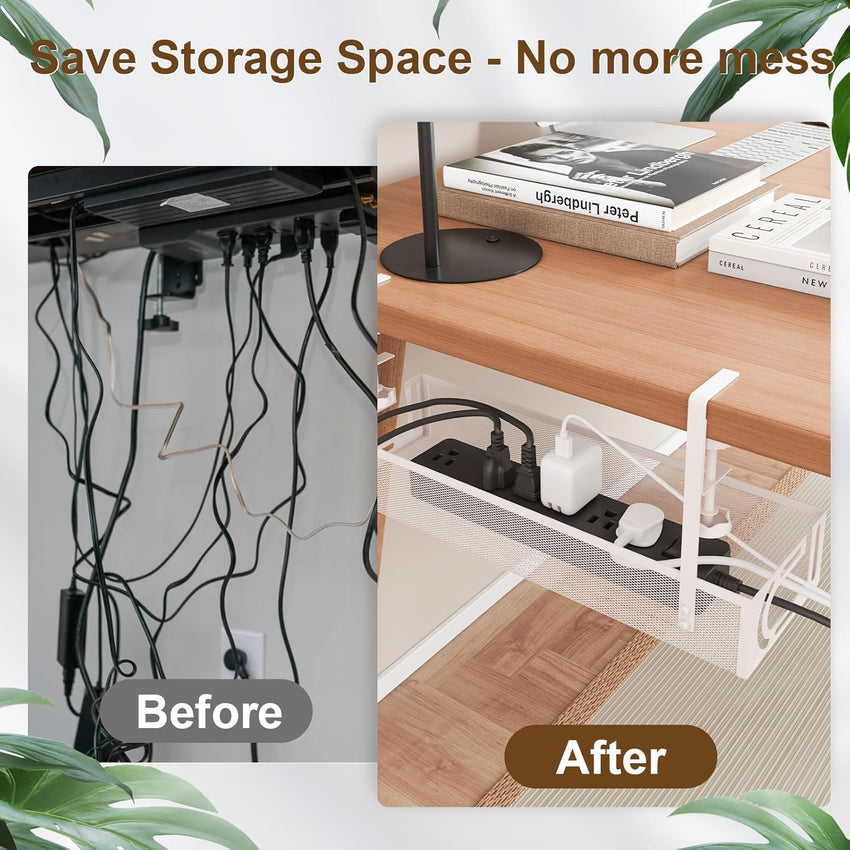 Under Desk Cable Management Tray, 15.4'' No Drill Cable Management Mesh Wire Organizer Side Opening Design for Home, Office, Internet Cafe, Kitchen, White