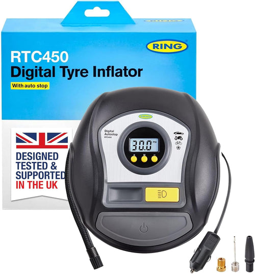 Ring Automotive RTC450 Digital Tyre Inflator with Auto Shut-off, Memory, LED Light, Backlit Display and Adapter Kit, New Model 2022 Ring, Black/Grey/Yellow
