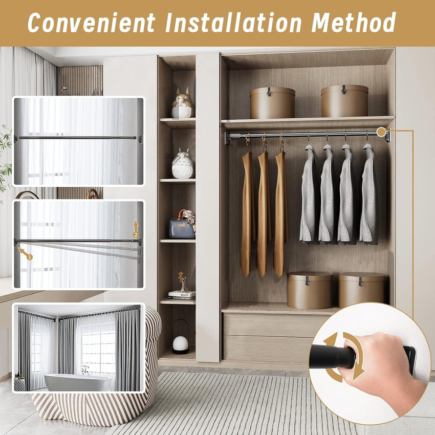 Telescopic Shower Curtain Rod, Steel Tension Pole, Extendable from 75-120cm, 33mm Diameter, No Drilling Installation, Supports up to 85kg, Perfect for Kitchen, Bathrooms, and Closets, black