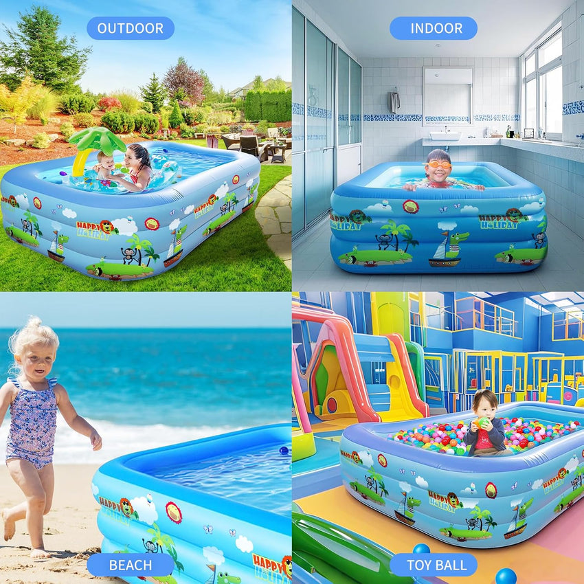 GALAXYER Inflatable Paddling Pool with Cartoon Prints, 3 Rings Large Rectangular Family Swimming Center for Kids Toddlers Adult, Indoor Outdoor Garden Swimming Pool, 205 Ãâ 125 Ãâ 50 CM