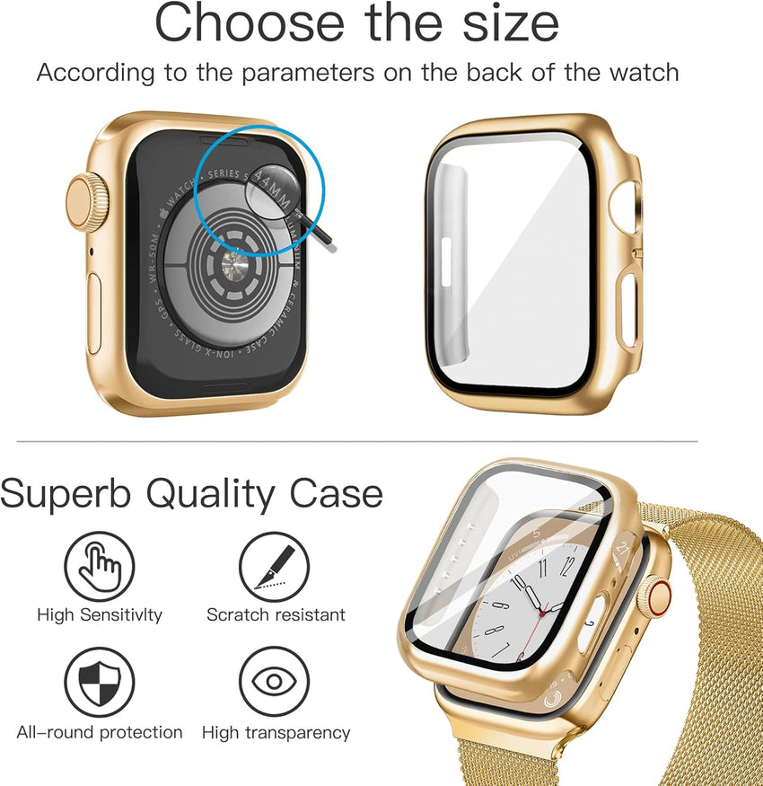 Vamyzji Compatible with Gold Apple Watch Strap 40mm + Protective Case with Screen Protector, Magnetic Milanese Mesh Metal iWatch Strap Women Men for 40mm Apple Watch SE SE 2 SE 3, Series 6 5 4,Gold