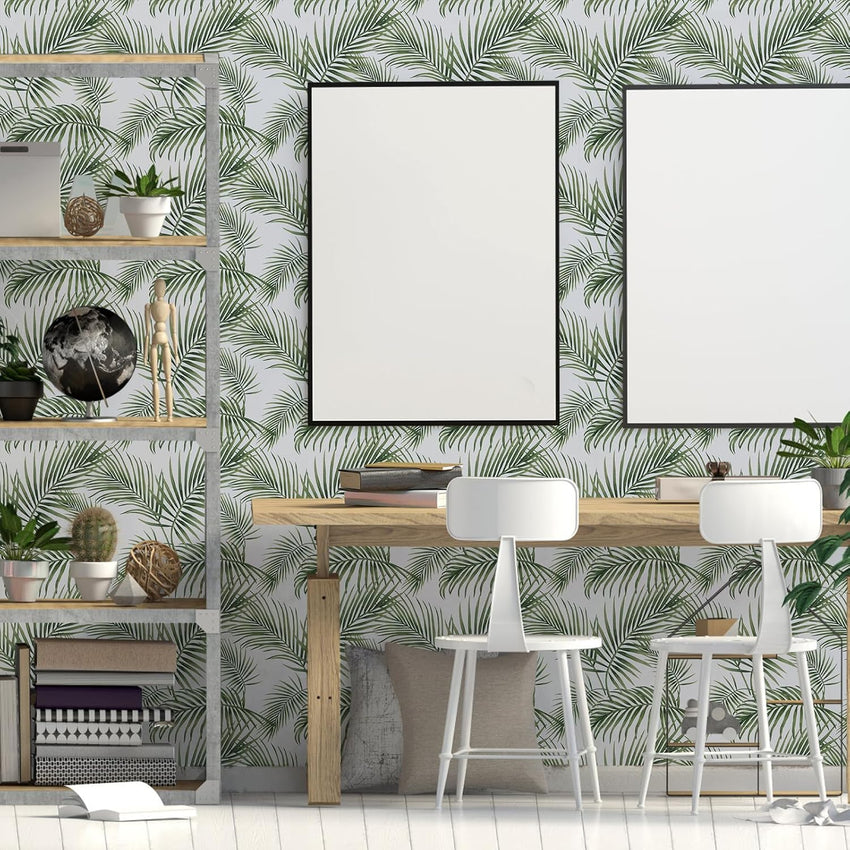 Hode Self Adhesive Wallpaper Green Leaf, Patterned Sticky Back Plastic Roll, Bathroom Kitchen Cupboard Worktop Vinyl Wrap for Furniture Table 90cmx6m