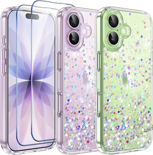 ivencase Clear Glitter Case Compatible with iPhone 17 Case with 2 Tempered Glass Screen Protector, Non-Yellowing [Shockproof] [Anti-Scratch] Slim Sparkly Bling Star Transparent Cover for iPhone 17
