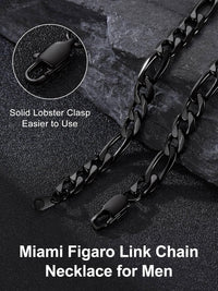 Menâs Figaro Chain Necklace 9mm Flat Stainless Steel 20in Hip Hop Style â Black