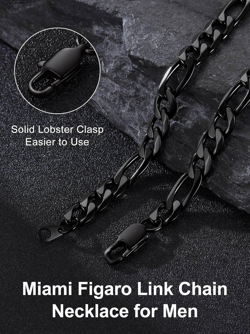 Menâs Figaro Chain Necklace 9mm Flat Stainless Steel 20in Hip Hop Style â Black