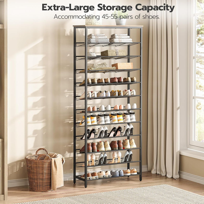 HOOBRO Shoe Rack Tall, Large Capacity Shoe Storage Organizer, 12-Tier Shoe Rack for 44-55 Pairs of Shoes, 75 x 28.5 x 194.5cm, Adjustable Metal Shelves, Shoe Storage Unit, Rustic Brown EBF51XJ01