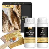 Wadities Gold Leaf Gilding Adhesive Set, 100ml Water Based Metal Leaf Glue and 100ml Varnish, Gold Leaf Sheets 100 pcs, 2 Brushes, for Craft, Painting and Arts