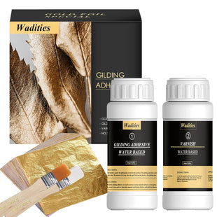 Wadities Gold Leaf Gilding Adhesive Set, 100ml Water Based Metal Leaf Glue and 100ml Varnish, Gold Leaf Sheets 100 pcs, 2 Brushes, for Craft, Painting and Arts