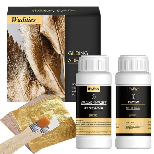 Wadities Gold Leaf Gilding Adhesive Set, 100ml Water Based Metal Leaf Glue and 100ml Varnish, Gold Leaf Sheets 100 pcs, 2 Brushes, for Craft, Painting and Arts