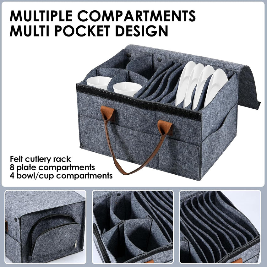 Caravan Felt Plate Holder Storage Bag 8 Plate + 4 Bowl Compartments Dustproof with Lid