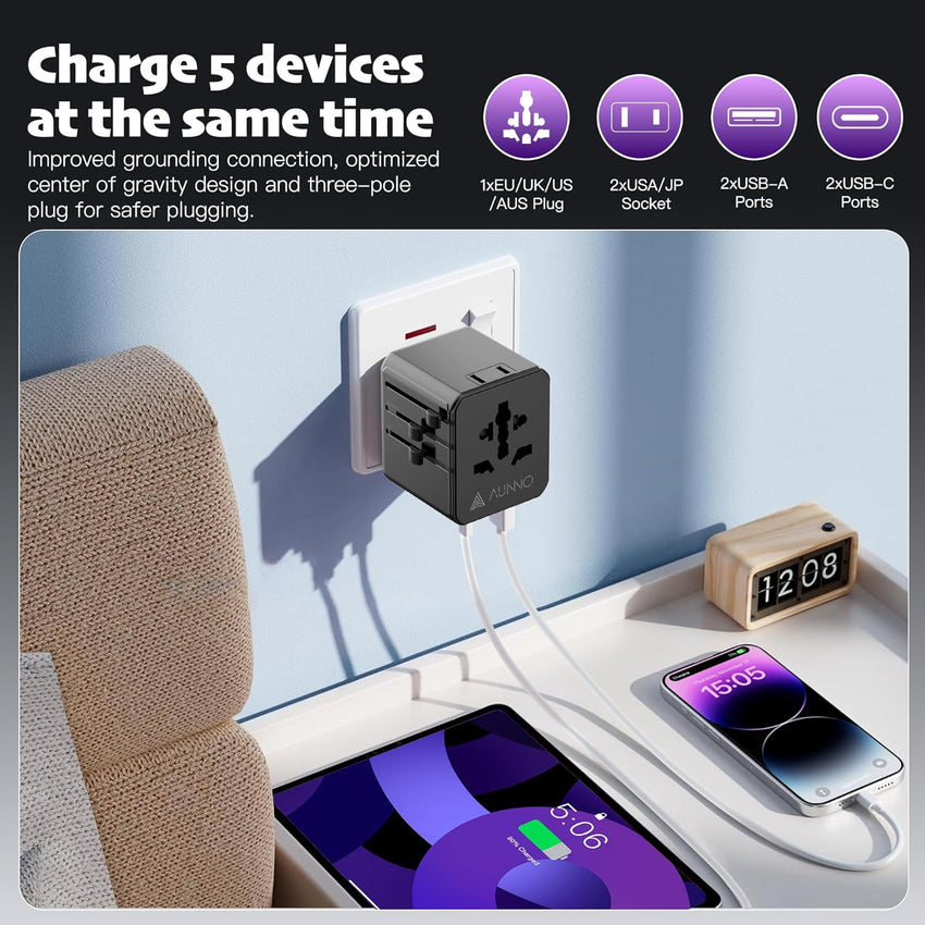 AUNNO Universal Travel Adapter, International Travel Plug Adapter with 1 USB C and 2 USB Ports, All in One Worldwide Plug Adaptor, UK to European Power Universal Plug Adaptor for EU USA Australia