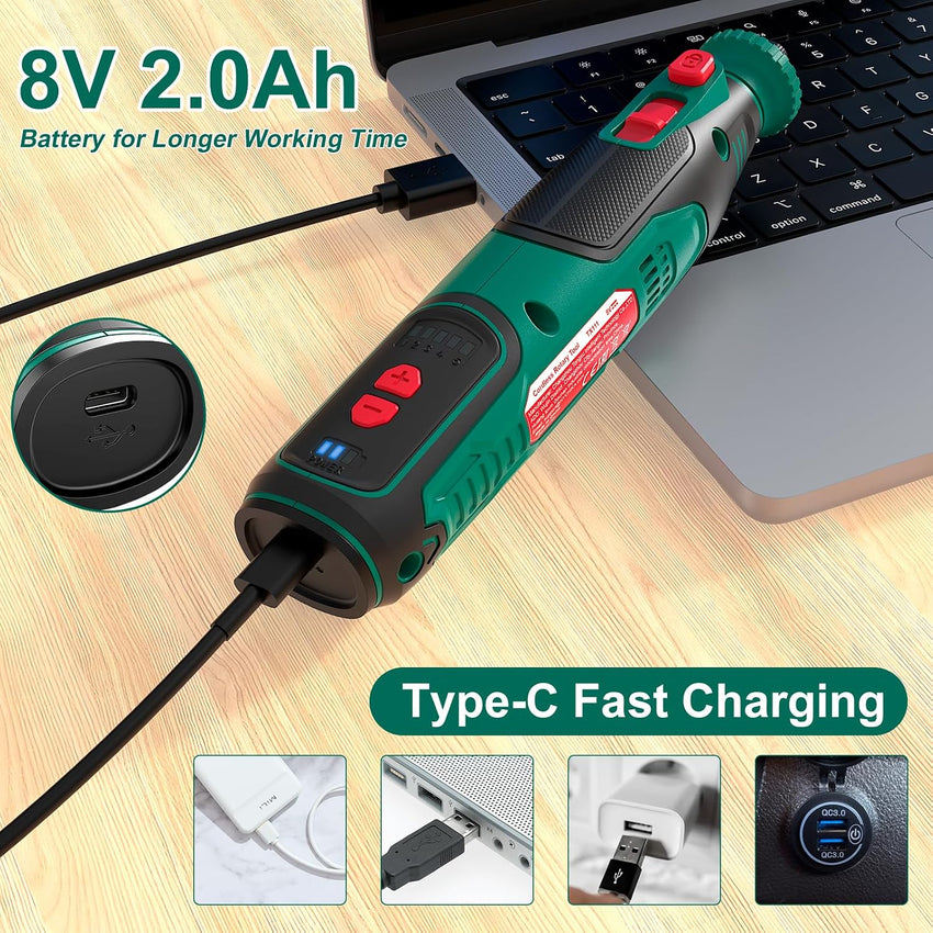 Cordless Rotary Tool 8V 2.0Ah 5ÃÂ¢ÃÂÃÂSpeed 30,000rpm with 145pc Accessories & LED Light ÃÂ¢ÃÂÃÂ 145pc Kit