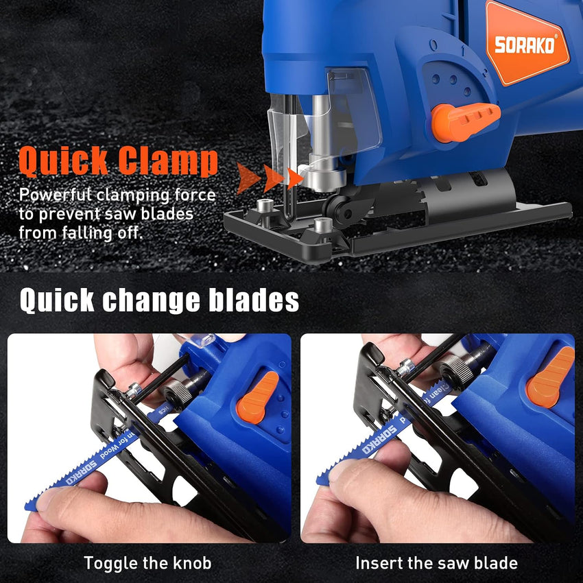 SORAKO 600W Corded Jigsaw for Wood & Metal | 800-3000SPM Electric Jigsaw with 6 Speeds + 3 Orbital Settings | 45ÃÂ° Bevel Cutting, 60mm Wood Cutting Depth