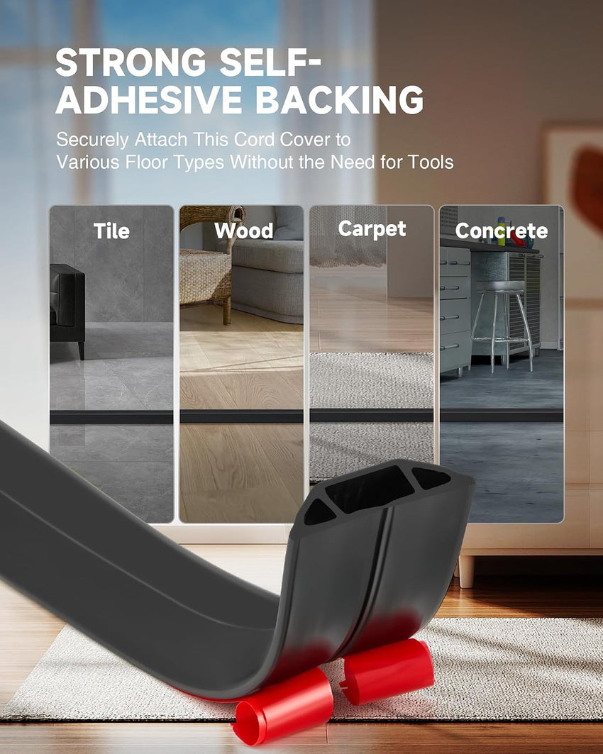 CREWORKS 1.8 m Floor Cord Cover, 3 Channel Cable Cover with Self-Adhesive Baking, Extension Cord Cable Protector, Flexible PVC Duct Wire Cable Management for Homes Offices Garages, Black