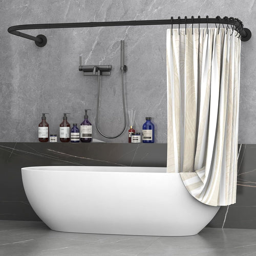 Misounda Shower Curtain Rail U/L Shaped 75x(150-190) x75 cm - Curved Bath Curtain Rod for Bathtubs - Without Ceiling Bracket - Includes 24 Rings Adjustable - Black