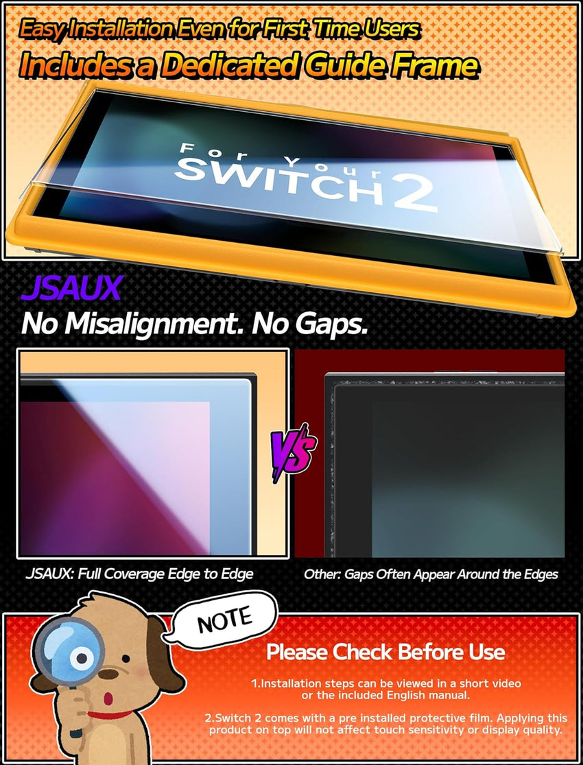 JSAUX 3-Pack Screen Protector for Nintendo Switch 2, Easy to Install with Guiding Frame Tempered Glass Ultra HD Glass Protector 9H Hardness Scratch Resistant