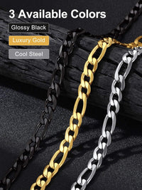 Menâs Figaro Chain Necklace 9mm Flat Stainless Steel 20in Hip Hop Style â Black