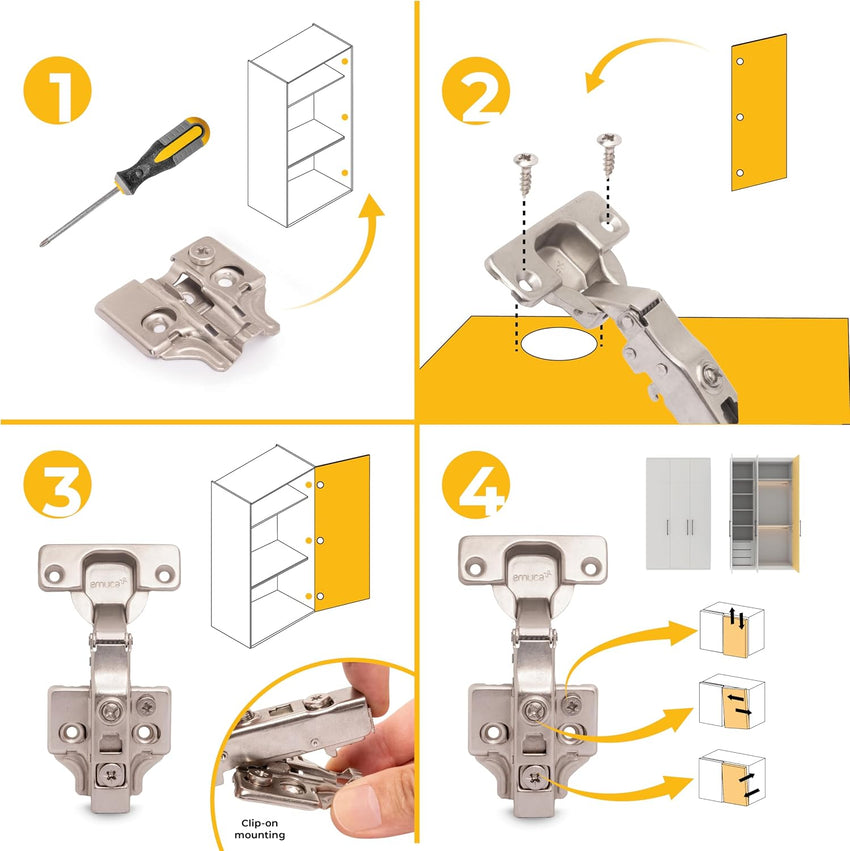 Full Overlay Cabinet Hinges Ã35mm Soft Close 105Â° Opening Eccentric Adjustment â Pack of 20