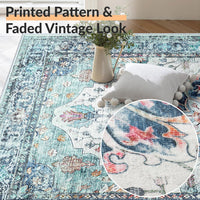 Machine Washable Low Pile Area Rug 120 x 180cm Vintage Print Anti-Slip Indoor Blue/Teal/Navy/Red