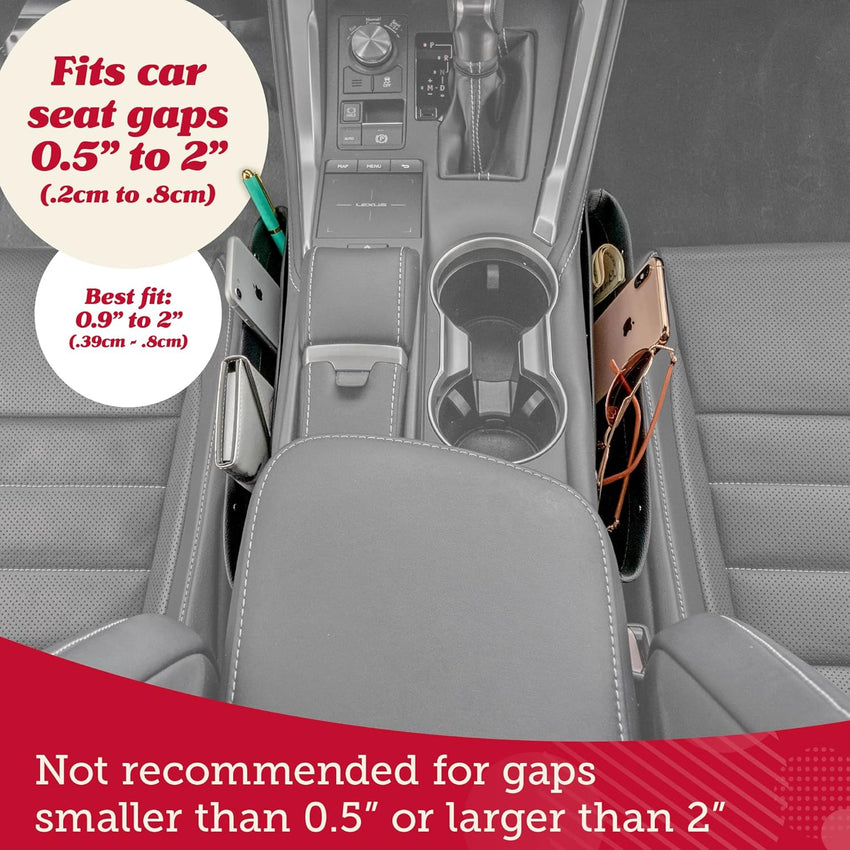 Lusso Gear 2 in 1 Car Seat Gap Organizer | Universal Fit | Storage Pockets Adjust | 2 Set Car Seat Crevice Storage Box | Helps Reduce Distracted Driving & Holds Phone Money Cards Keys Remote