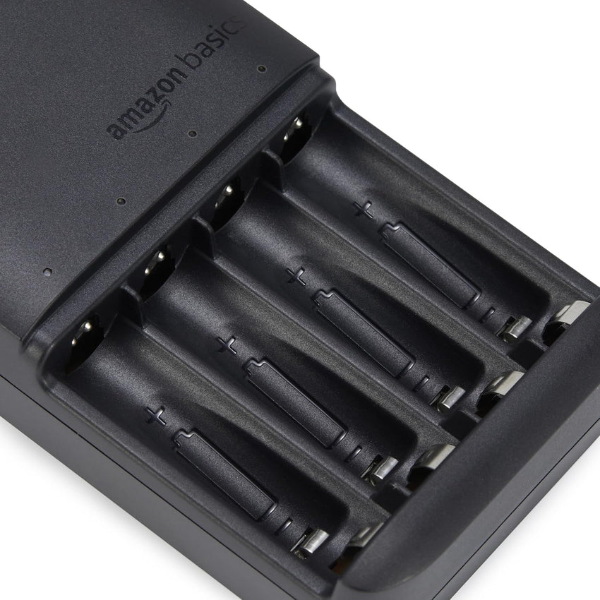 Amazon Basics Battery Charger for Rechargeable AA and AAA NiMh Batteries - UK Plug, 4-Bay, Black